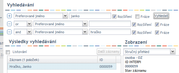 Okno pro vyhledávání - prázdné vyhledávací kritérium