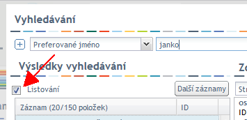 Vyhledávání – zapnutí funkce listování